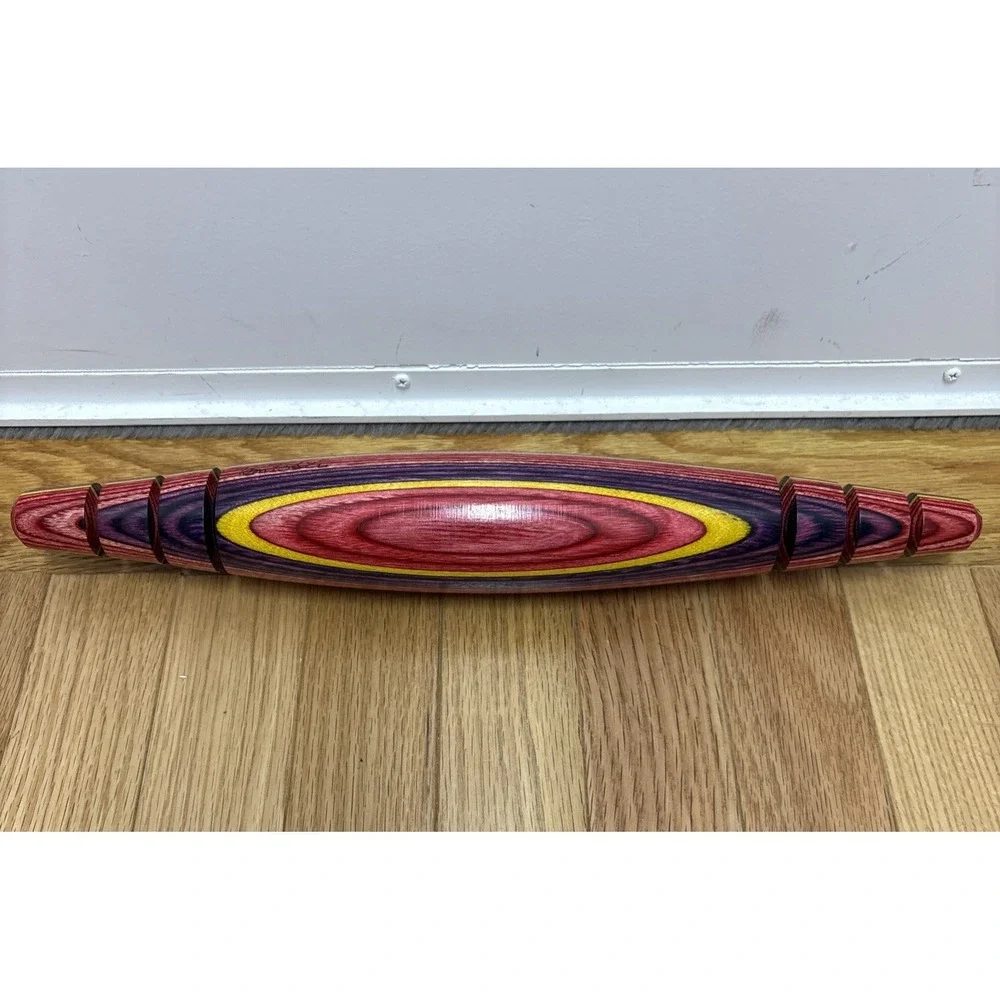 Tom Foster SIGNED Hand Turned Tapered Multicolor Carved Wood Rolling Pin 15.75x2